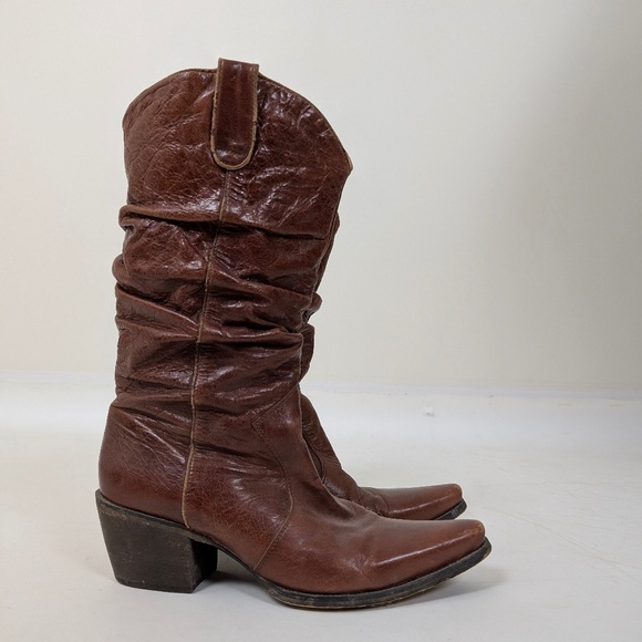 Brown Leather Cowgirl Cowboy Boots Mesh Lining Heeled Slouchy - Picture 12 of 12